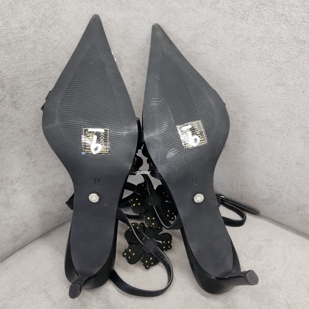 Azalea Wang Dress Sandals 9 Black Leather Njema Beaded Flowers Pointy New $100 - Picture 16 of 16